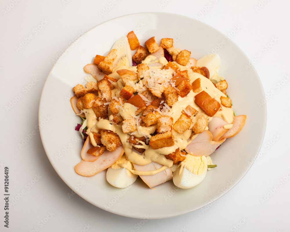 Salad with eggs, crackers and beacon Salad with eggs, crackers and beacon