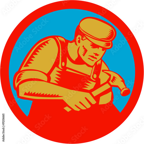 Carpenter With Hammer Circle Woodcut