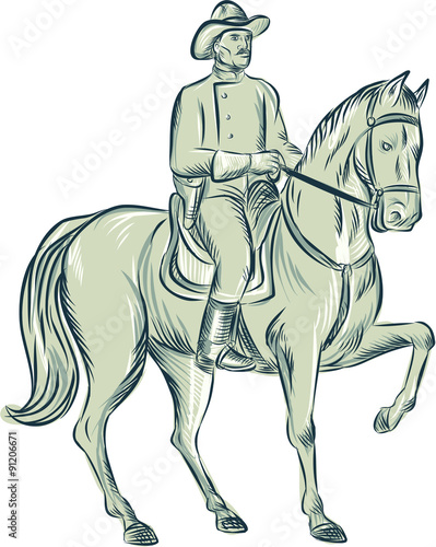 Cavalry Officer Riding Horse Etching