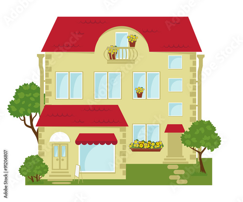 vector illustration of building with shops on the ground floor and lawn