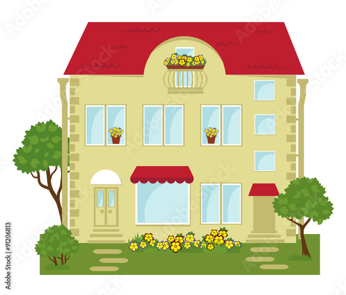 vector illustration of building with shops on the ground floor and lawn