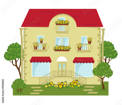 vector illustration of building with shops on the ground floor and lawn