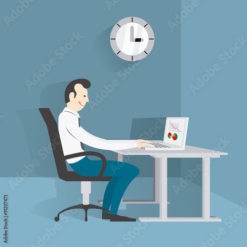 Imagen vectorial de hombre de perfil concentrado en su trabajo con ordenador portátil en su escritorio. Reloj grande en la pared que destaca la importancia del tiempo y la productividad.
