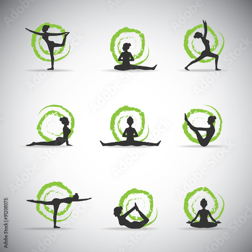 9 vector yoga pose silhouettes with green background