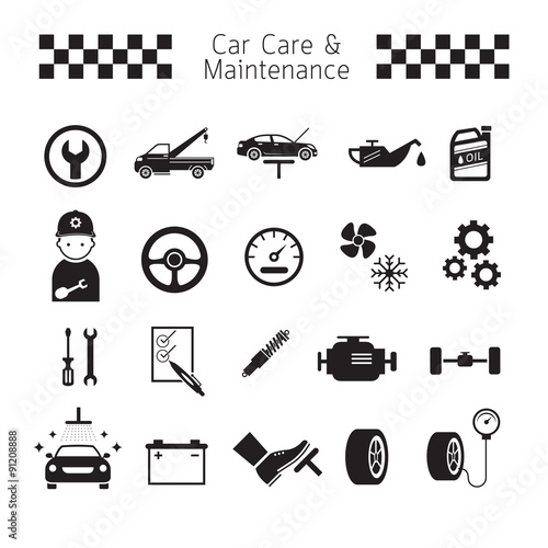 Car Care and Maintenance Objects icons Set, Black and white, Silhouette, Vehicle Mechanicals, Garage Service, 