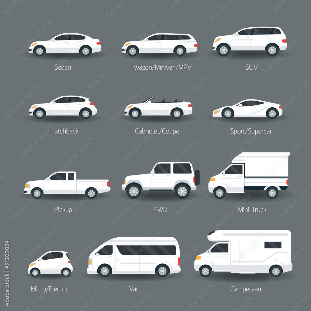 Car Type and Model Objects icons Set, White Body Color, Automobile,