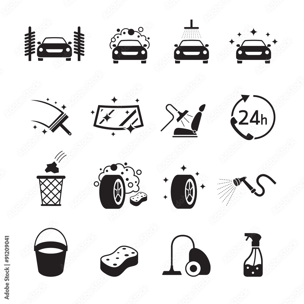 Naklejka premium Car Wash Objects icons Set, Black and white, Silhouette, Car Care, Automobile