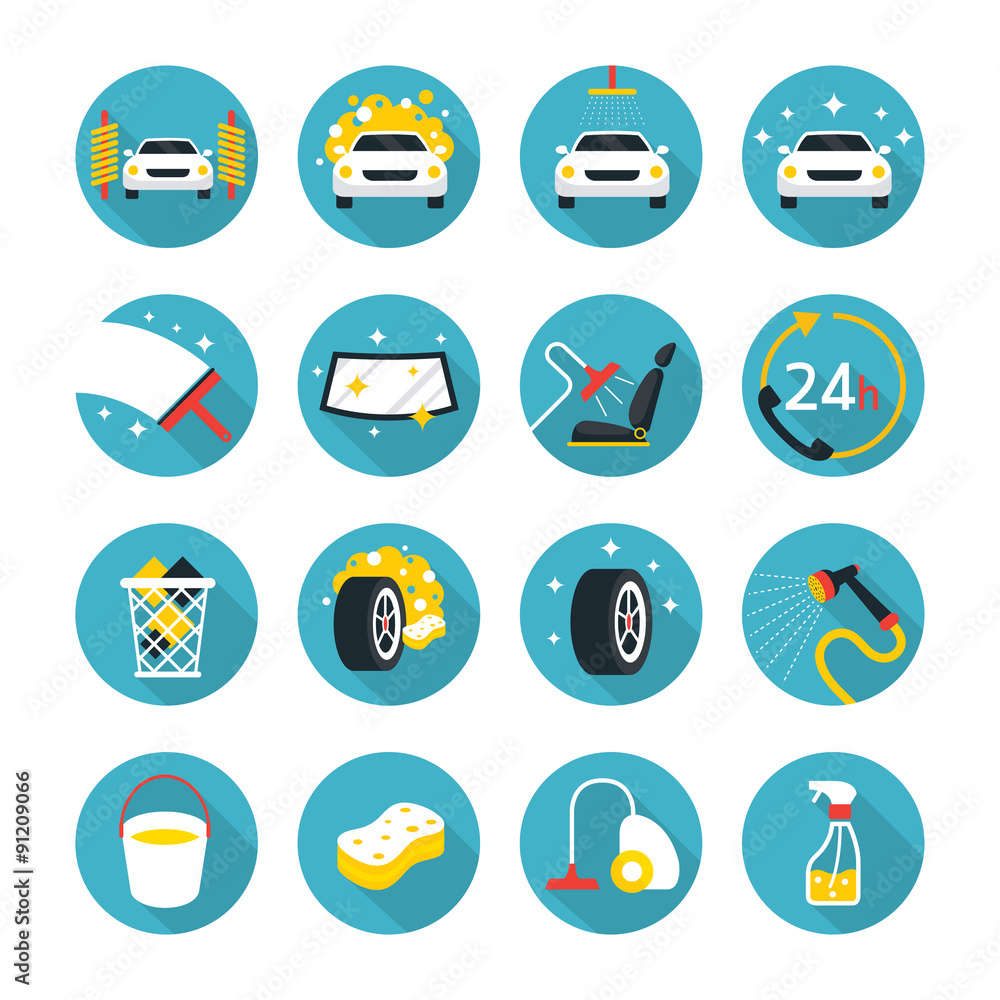 Car Wash Objects icons Set, Flat Design, Car Care, Automobile