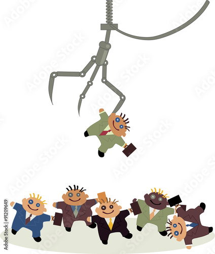 A claw crane arcade game picking up one of many rag doll businessman, metaphor for a recruitment or business competition, EPS 8 vector illustration 