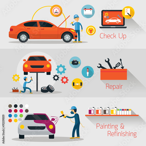 Car Check Up, Repair, Refinishing Banner, Automobile Service and Maintenance