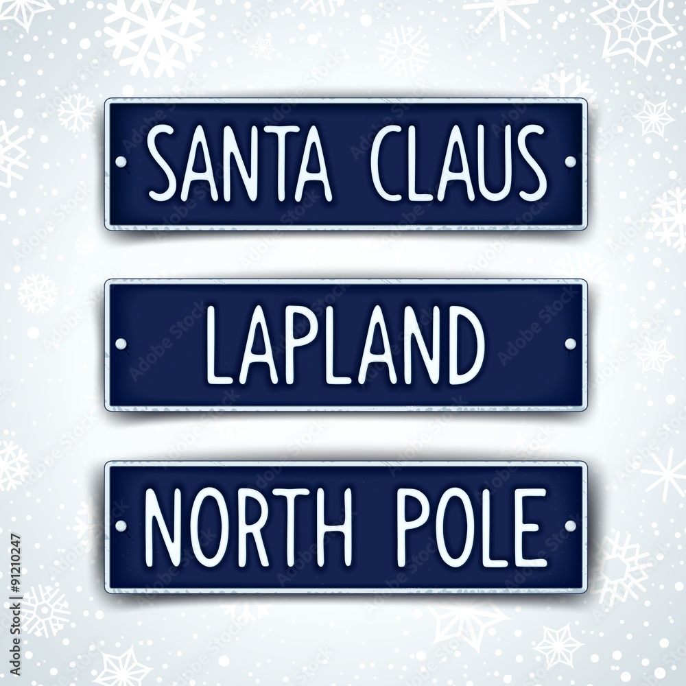 Santa Claus, Lapland and North pole - three themed car sign with embossed text. Vector eps 10