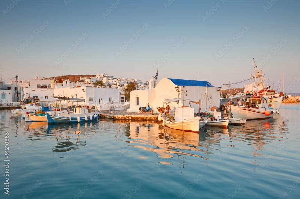 View of the port in Naousa village on Paros island, Greece