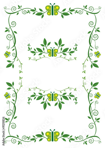 Green Creeping Plant with Butterfly Frame, Graphic Ornament, Border and Decoration © muchmania