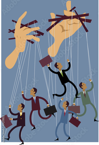 Businessmen or politicians  puppets dancing on string, giant hands control them, vector illustration, EPS 8