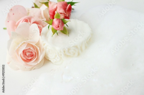 Handmade botanical soap fresh rose flowers soft natural foam healthy skin cleansing soft delicate focus