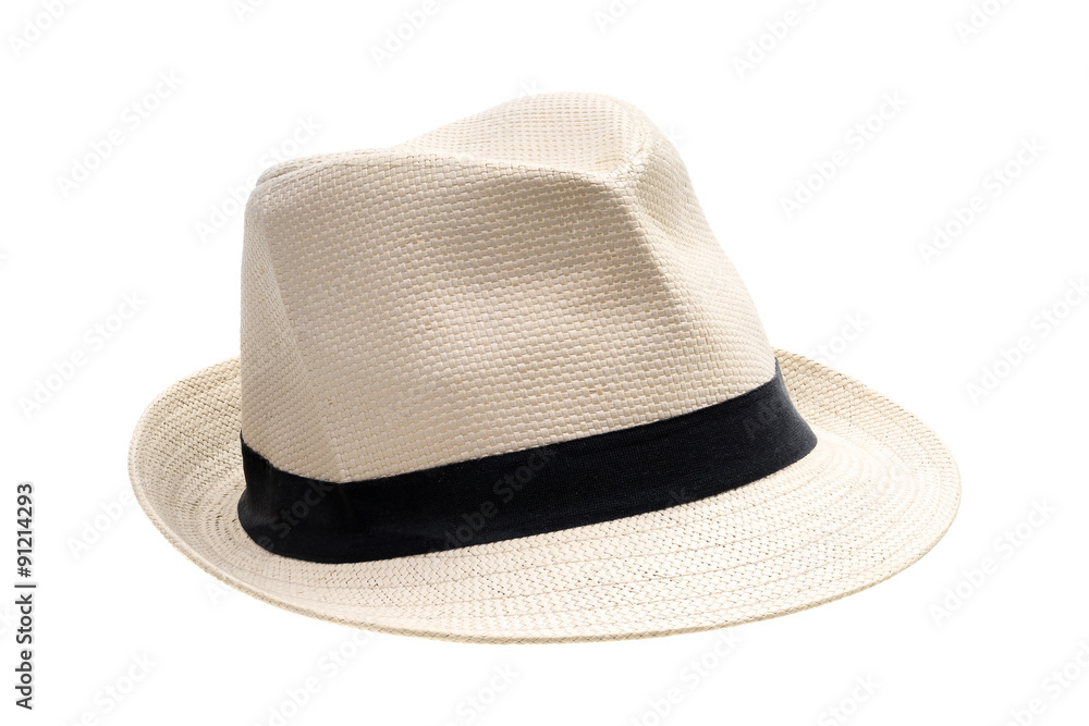 Panama straw hat with black ribbon seen from front right on white background Panama straw hat with black ribbon seen from front right on white background