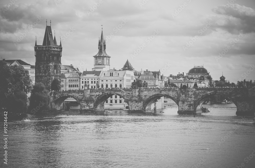 Old retro style view of Charles Bridge in  Prague, Czech Republic
