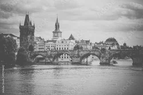 Old retro style view of Charles Bridge in Prague, Czech Republic
