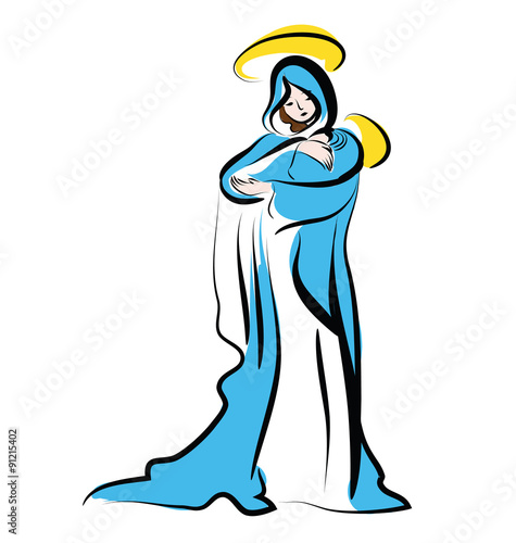 Virgin Mary with child on her arm - vector illustration. The Madonna and Child.Graphic.Virgin Mary and the Child Jesus for Christmas.