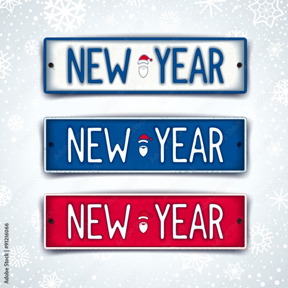 New Year - three realistic car sign with embossed text. Vector eps 10