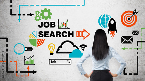 Canvas Print Rear view of the brunette woman who is looking at the wall with colourful icons about job vacancies
