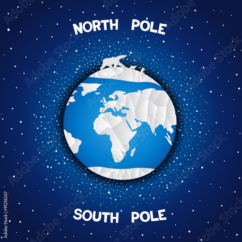North and south poles poster. Blue cartoonish Planet Earth