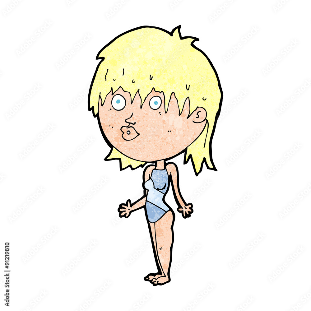 cartoon woman in swimsuit shrugging shoulders cartoon woman in swimsuit shrugging shoulders