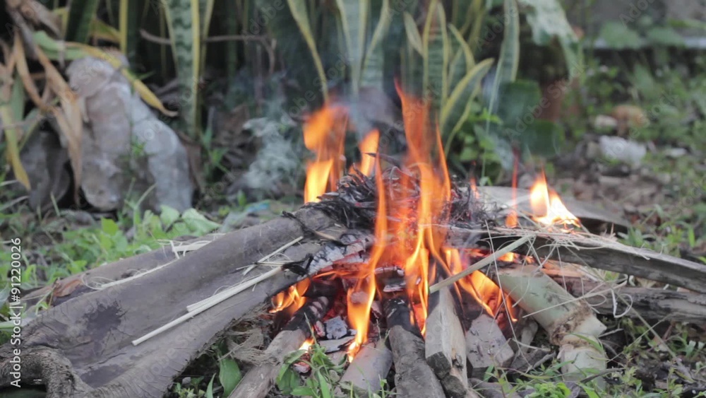 Bonfire of the branches burns on grass, at sunny summer day. Bonfire of the branches burns on grass, at sunny summer day.