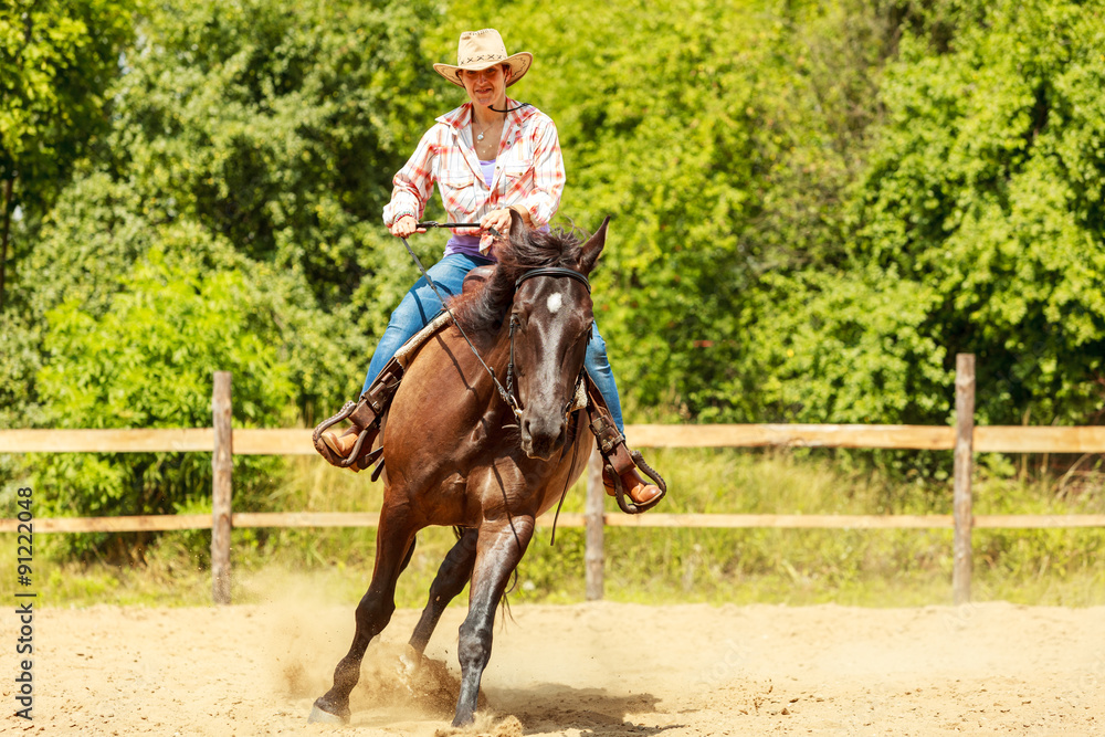 Western cowgirl woman riding horse. Sport activity Western cowgirl woman riding horse. Sport activity