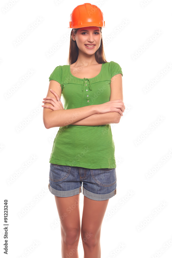 Cute woman isolated on white background in a protective helmet