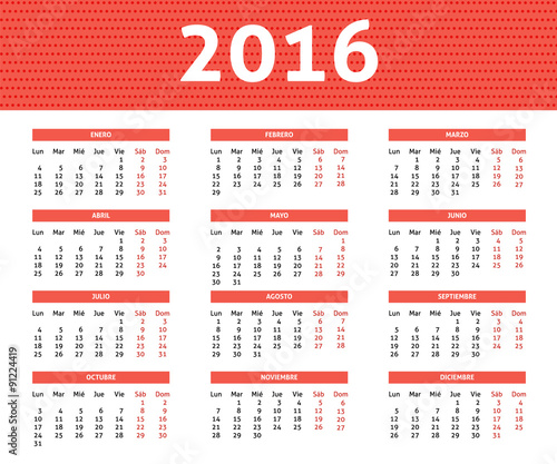 2016 year caledar in Spanis in light red color