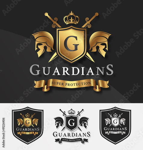 Shield and Two Guardians with cross knight crest logo template for Protection, Victory, Fighting, Safety concept. Vector illustration