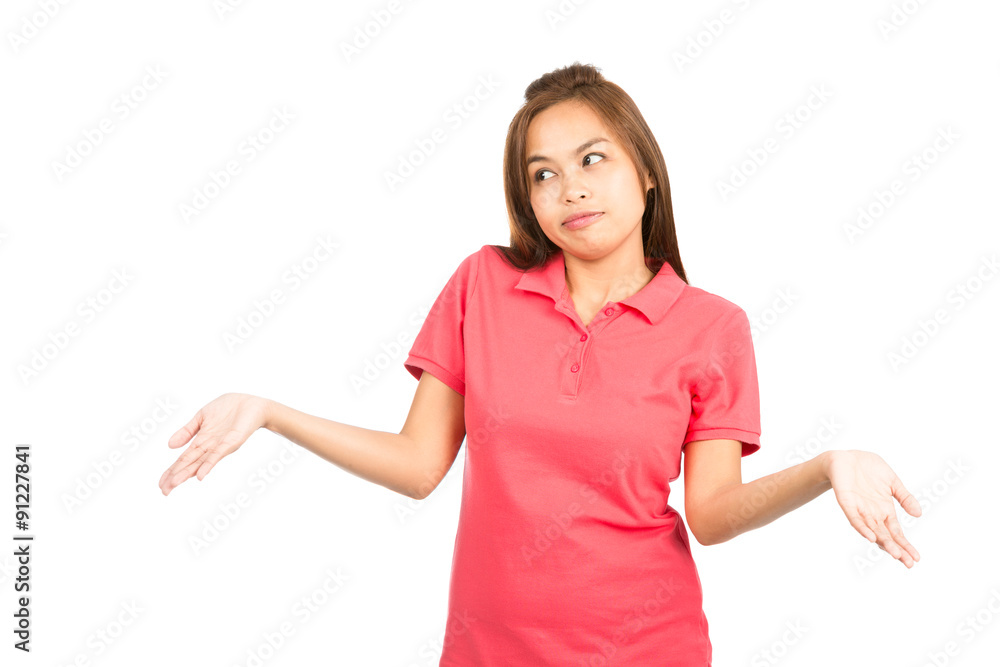 Apathy Asian Woman Shrugging Shoulders Off Screen Apathy Asian Woman Shrugging Shoulders Off Screen