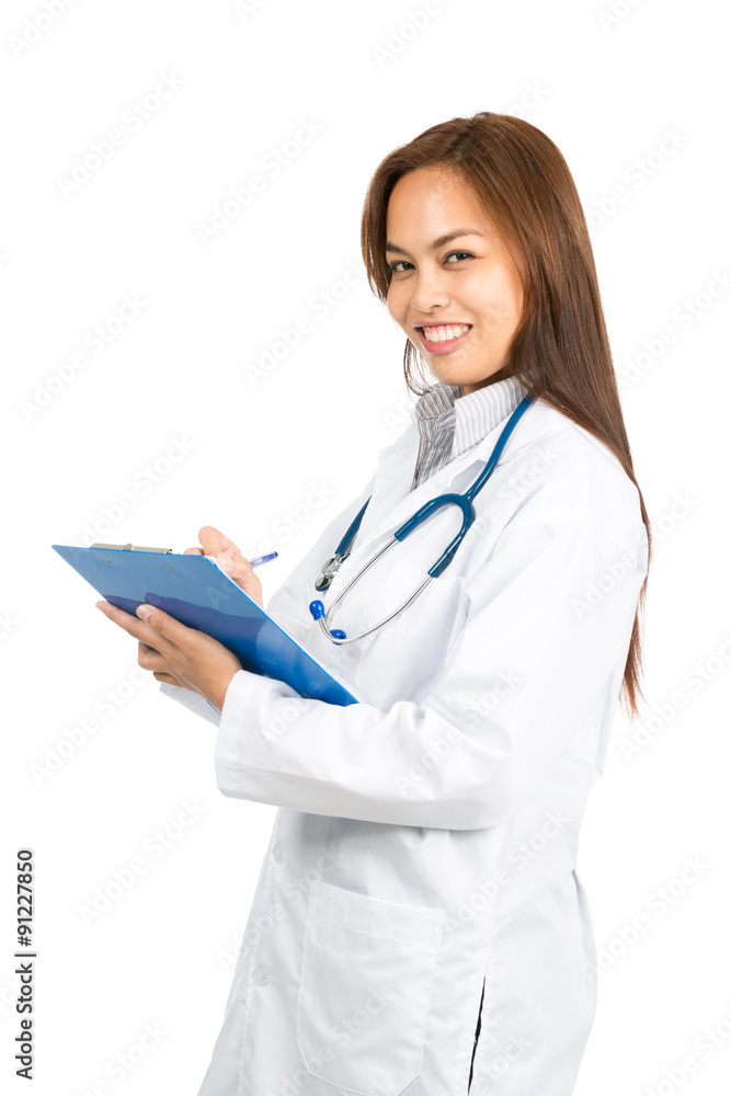 Female Asian Doctor Smiling Writing Side At Half Female Asian Doctor Smiling Writing Side At Half