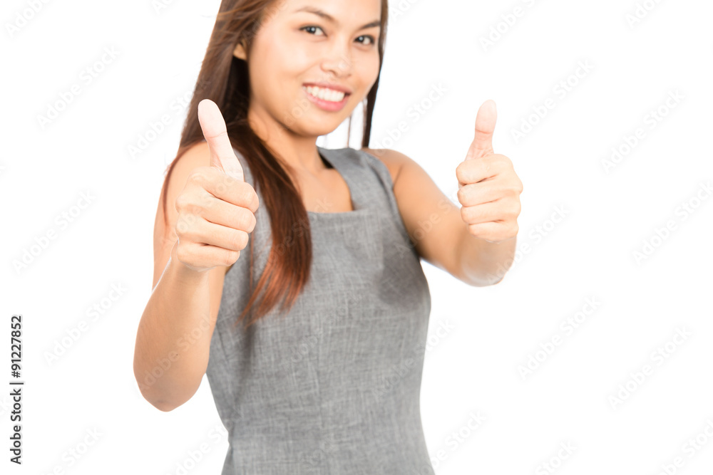 Focus On Thumbs Up Asian Woman Blurry Background Focus On Thumbs Up Asian Woman Blurry Background