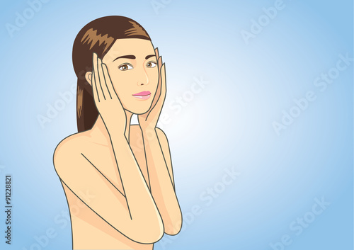 Woman touching her face on blue background. This illustration is skincare concept.