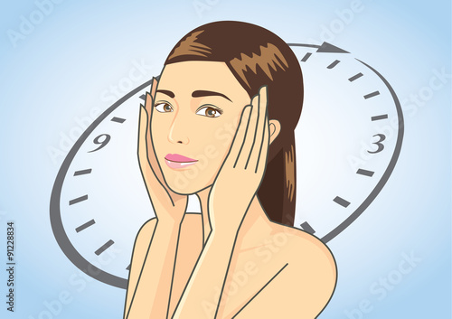 Woman touching her face on blue background which is time symbolic. This illustration is beauty concept in Aging and younger skin story.