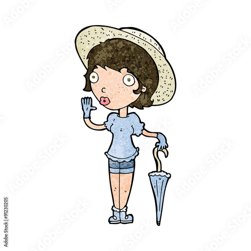 cartoon woman in summer hat waving