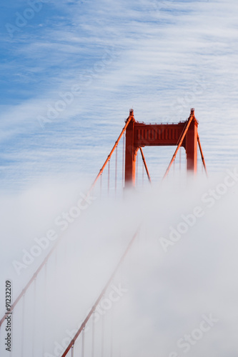San Francisco Golden Gate Bridge tower in the fog