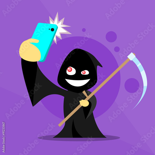 Halloween Selfie Photo Smart Phone Cartoon Grim Reaper Smile