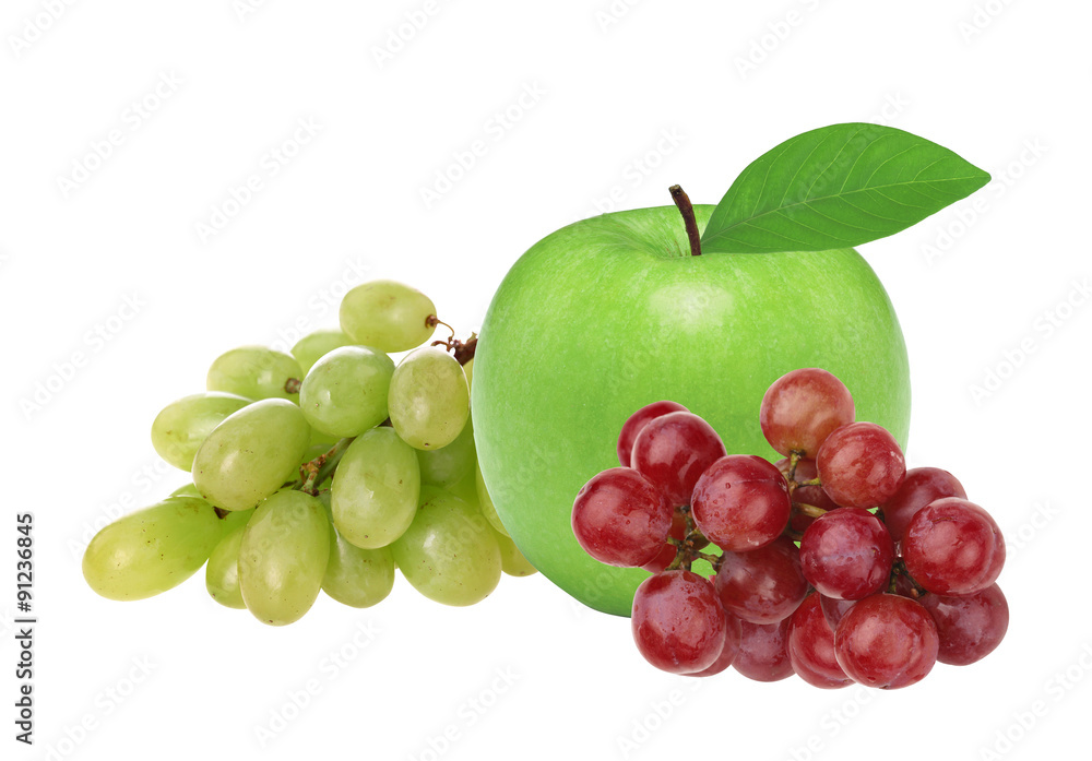 Fresh green apple and grape, isolated on white