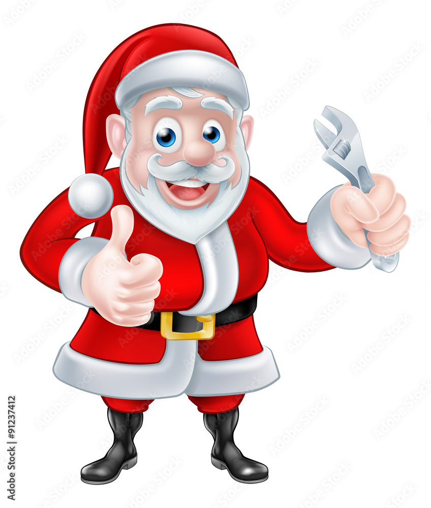 Cartoon Santa Thumbs Up and Holding Wrench Spanner Cartoon Santa Thumbs Up and Holding Wrench Spanner