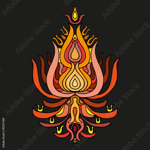  Color hand-drawn indian floral ornament in orange on black back