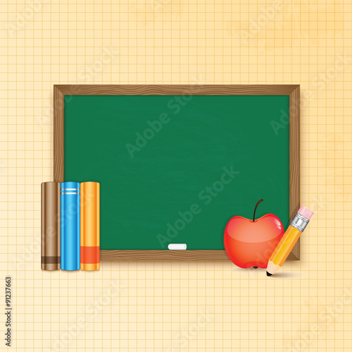 School board and books, pencil and apple