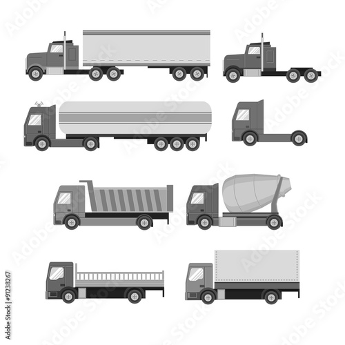 Vector set of trucks. Gray flat icons. Dump truck, tank, gasolin
