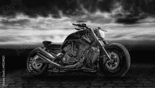 Composing with a motorcycle against dramatic sky in black and white © sandradombrovsky