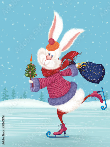 Cute fluffy rabbit ice-skating and holding a decorated with vegetables christmas tree and a filled with gifts bag 