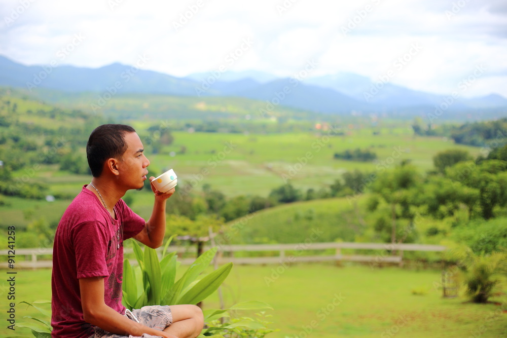 Fototapeta premium Man and Rice terraces in Mae Chaem at Thailand