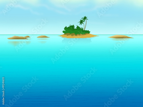 Lonely island with palm-trees in the sea. Digital background raster illustration.
