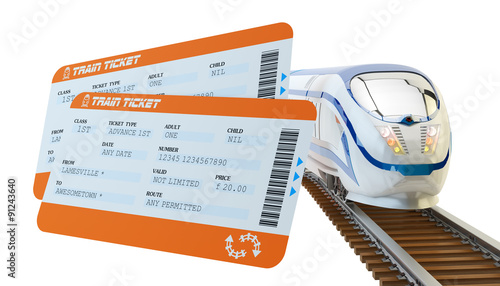 Railway tickets booking and railroad travel concept, train tickets and modern high speed passenger train on tracks isolated on white background
